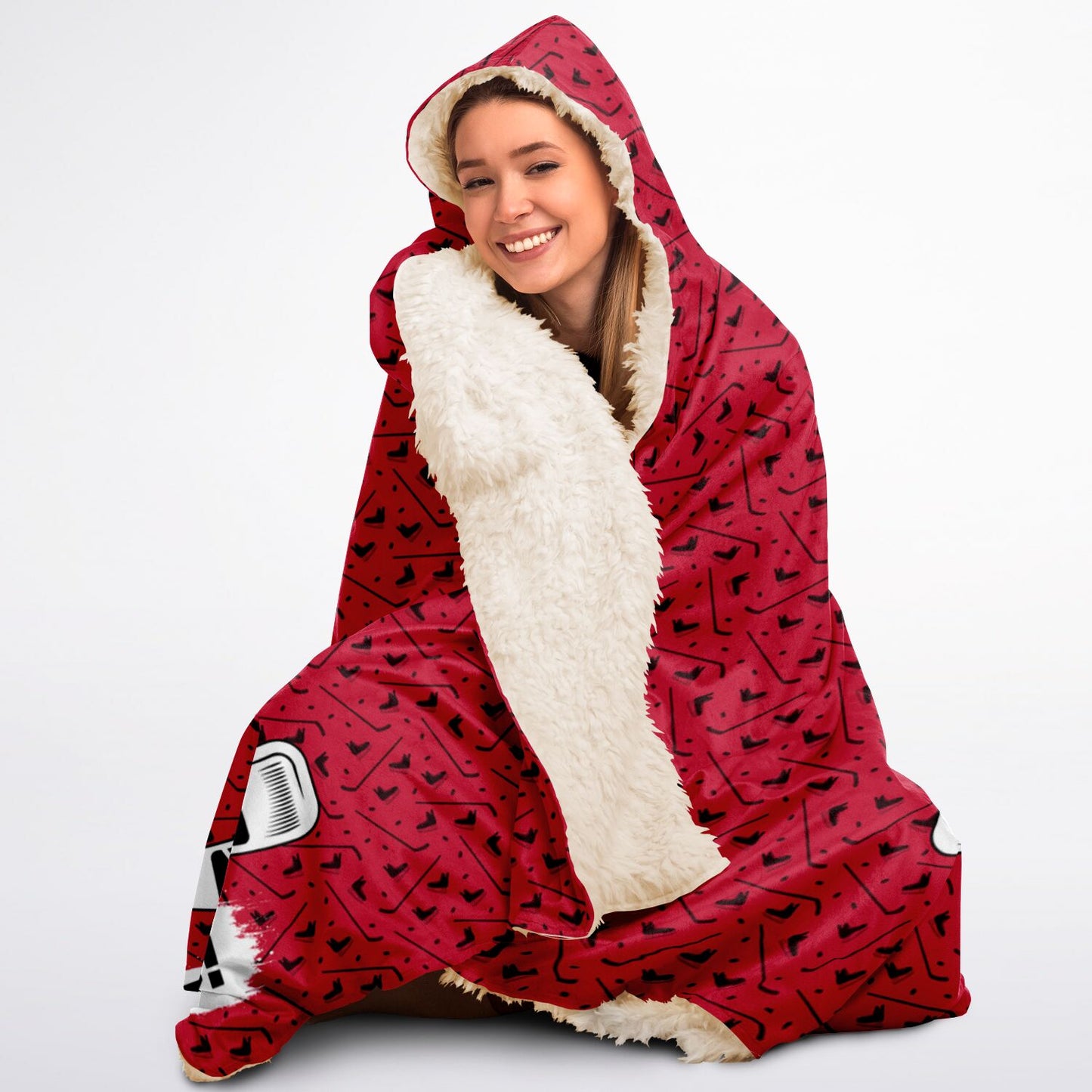 Personalized Hockey Hooded Sherpa Blanket (Red)