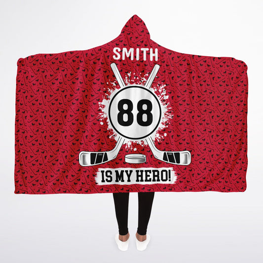 Personalized Hockey Hooded Sherpa Blanket (Red)