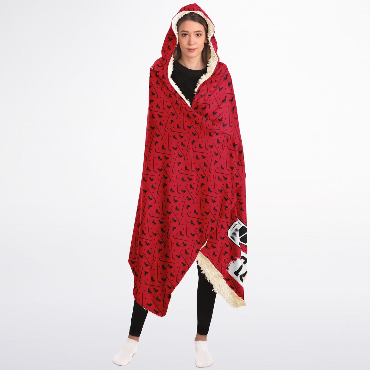 Personalized Hockey Hooded Sherpa Blanket (Red)