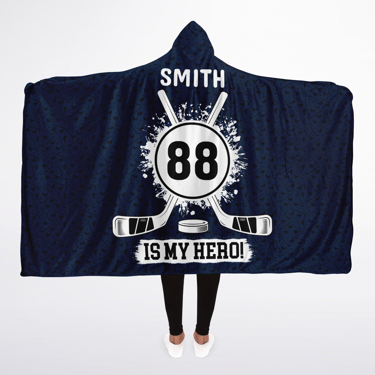 Personalized Hockey Hooded Sherpa Blanket (Navy)