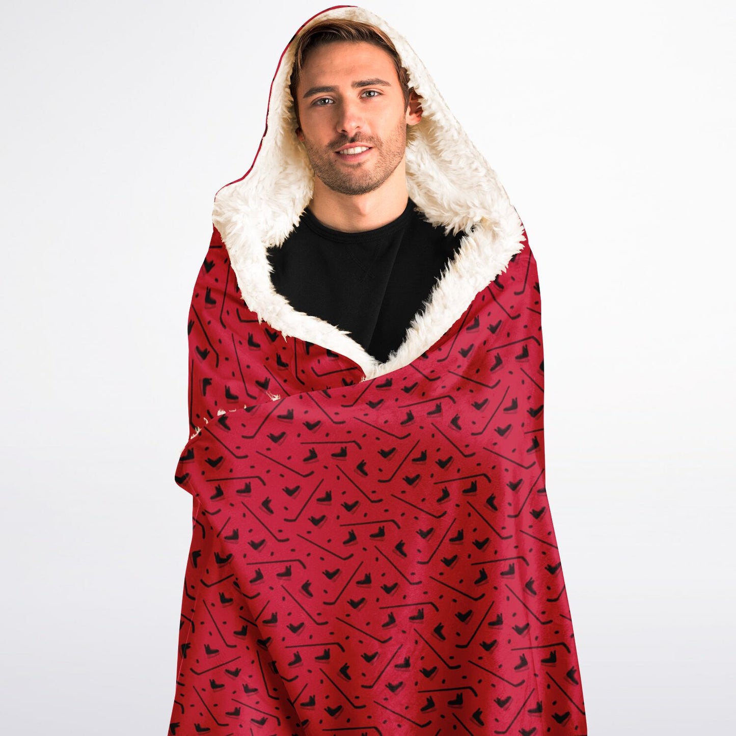 Personalized Hockey Hooded Sherpa Blanket (Red)